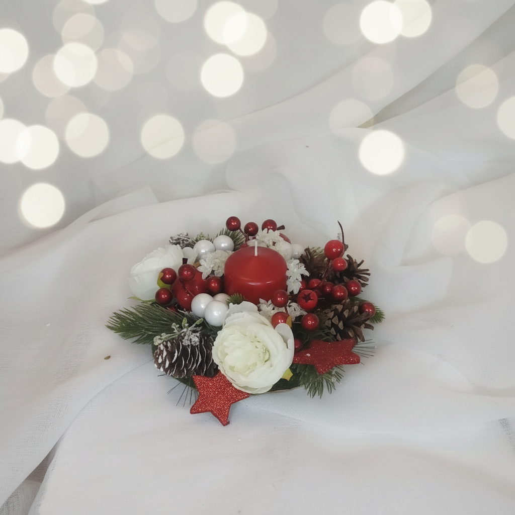 Centrotavola candela rossa sfondo chiaro