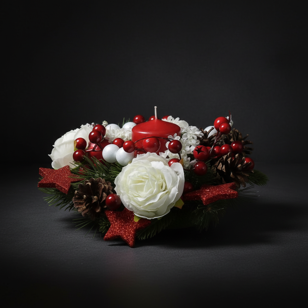 Centrotavola candela rossa sfondo scuro