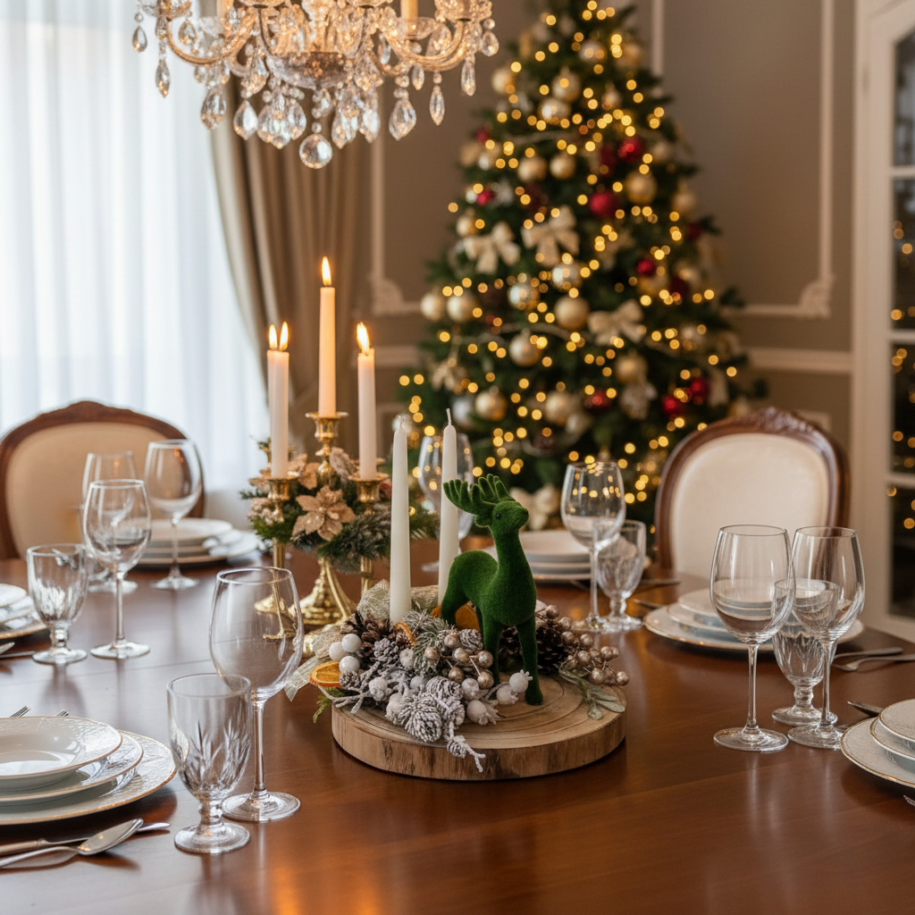 Centrotavola cervo in ambiente classico natalizio