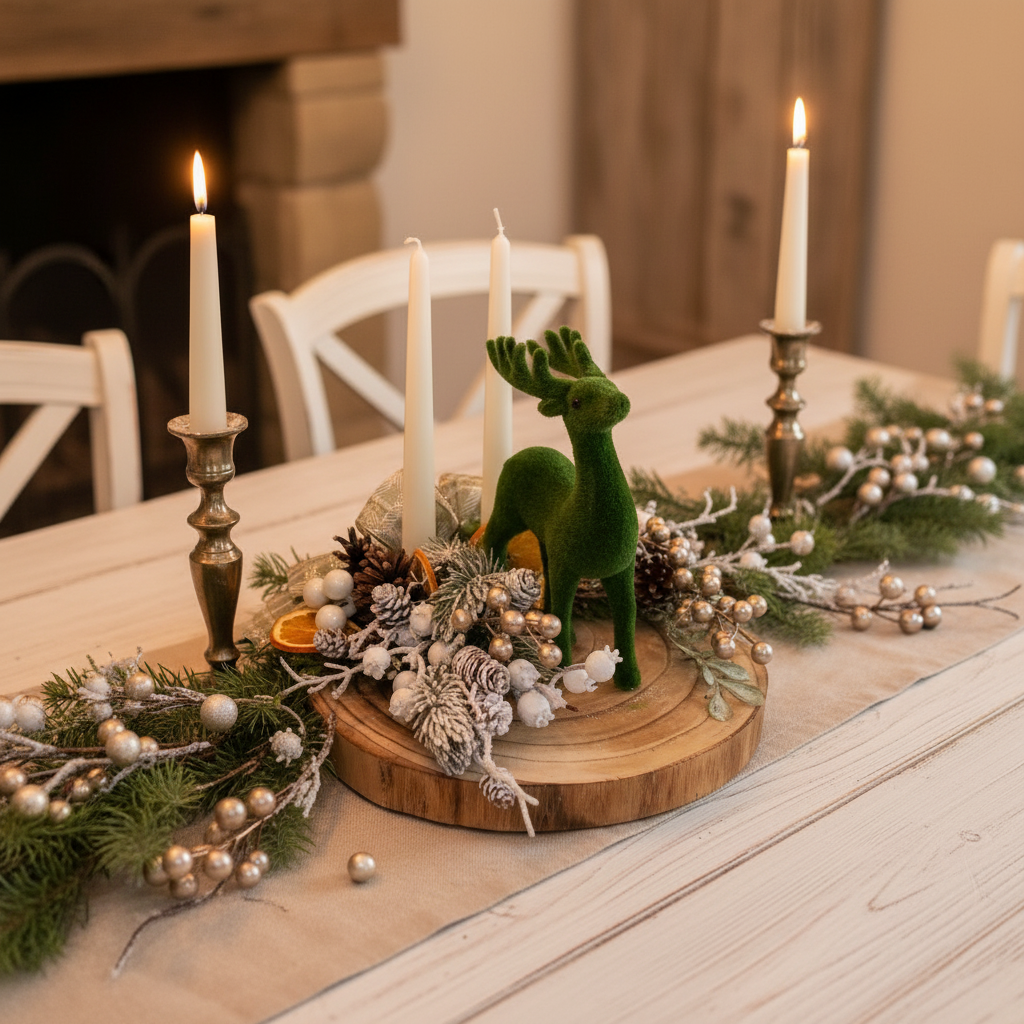 Centrotavola cervo in ambiente country chic natalizio