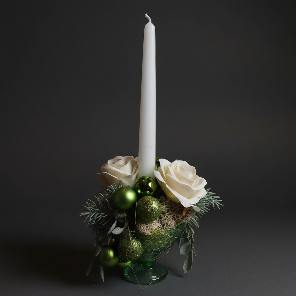Centrotavola natalizio con candela su sfondo scuro