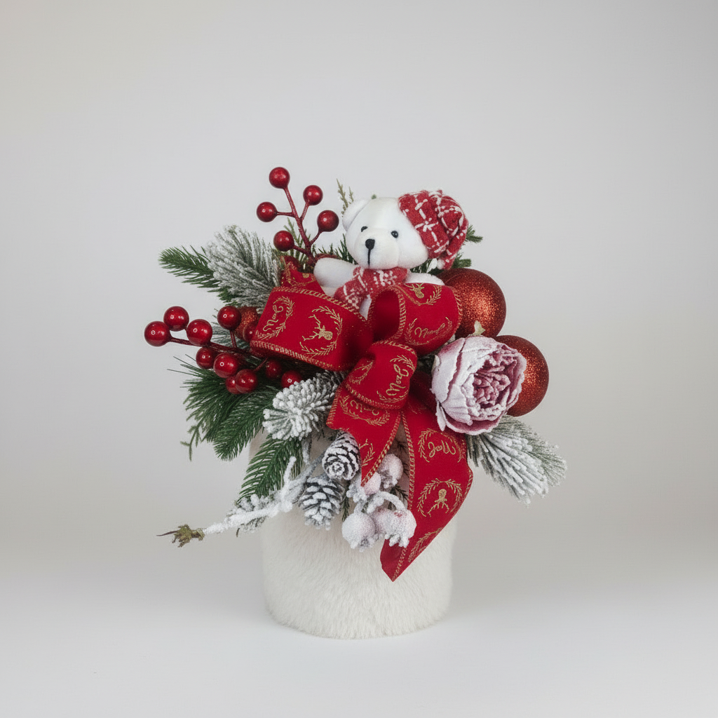 Cestino Natale con orsetto su sfondo chiaro