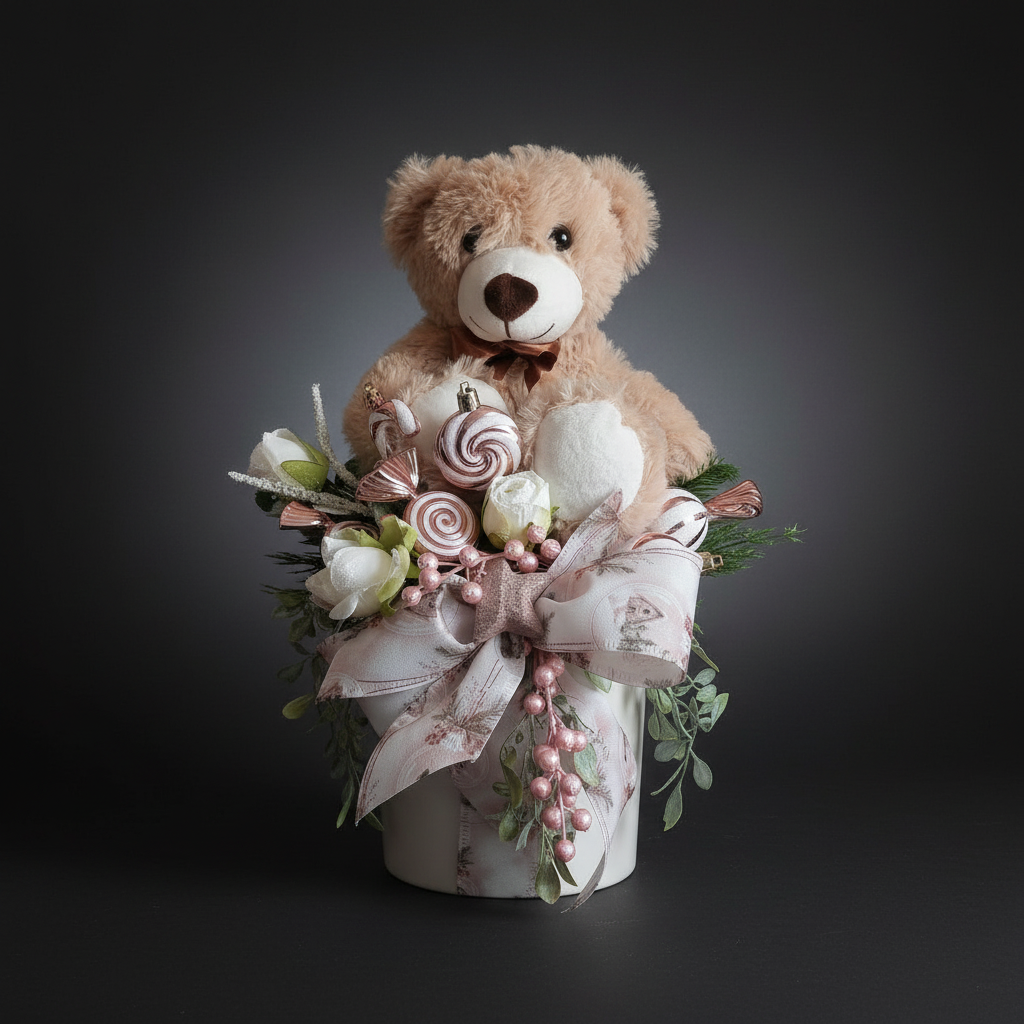 Composizione con orsetto su sfondo scuro