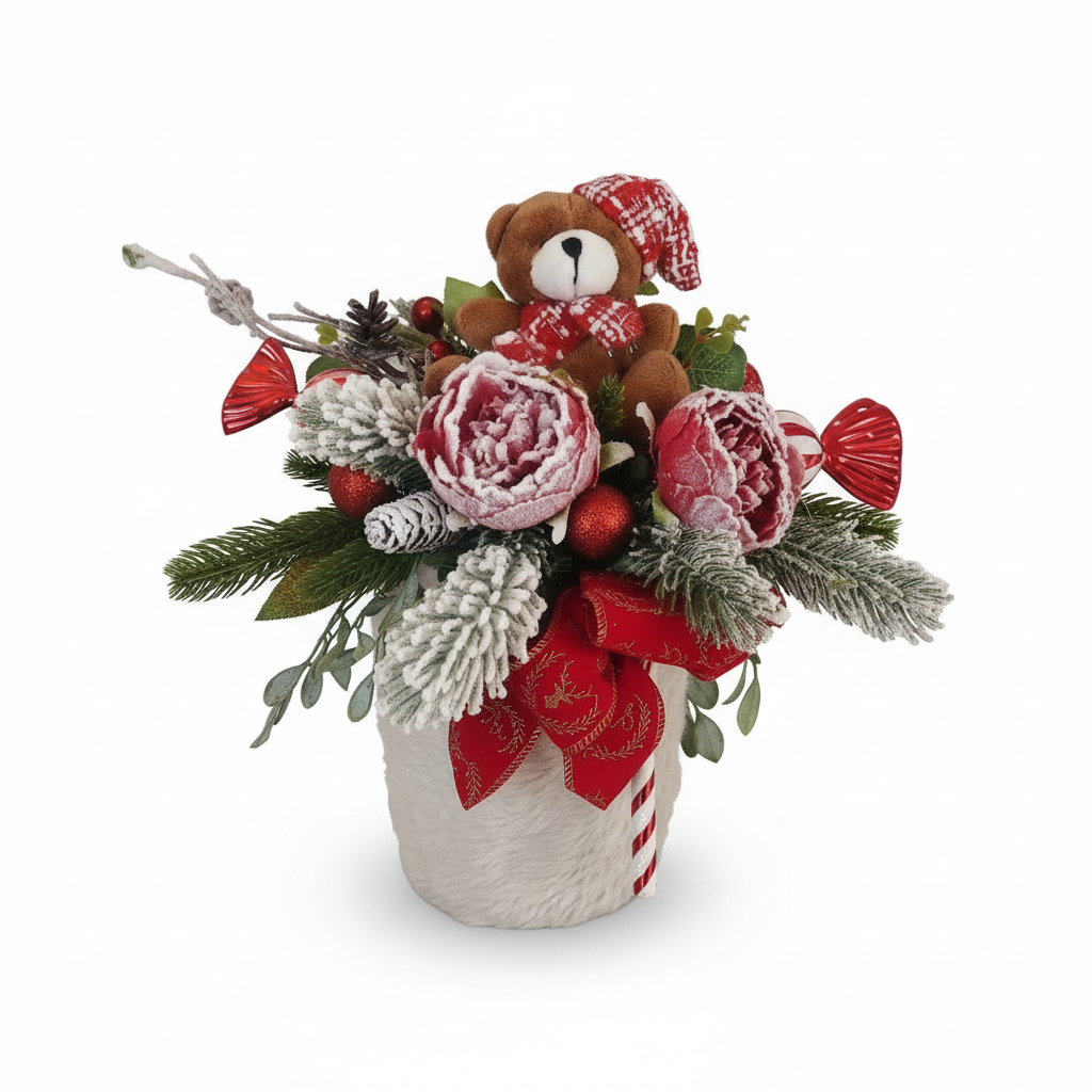 Composizione Natale con orsetto su sfondo bianco