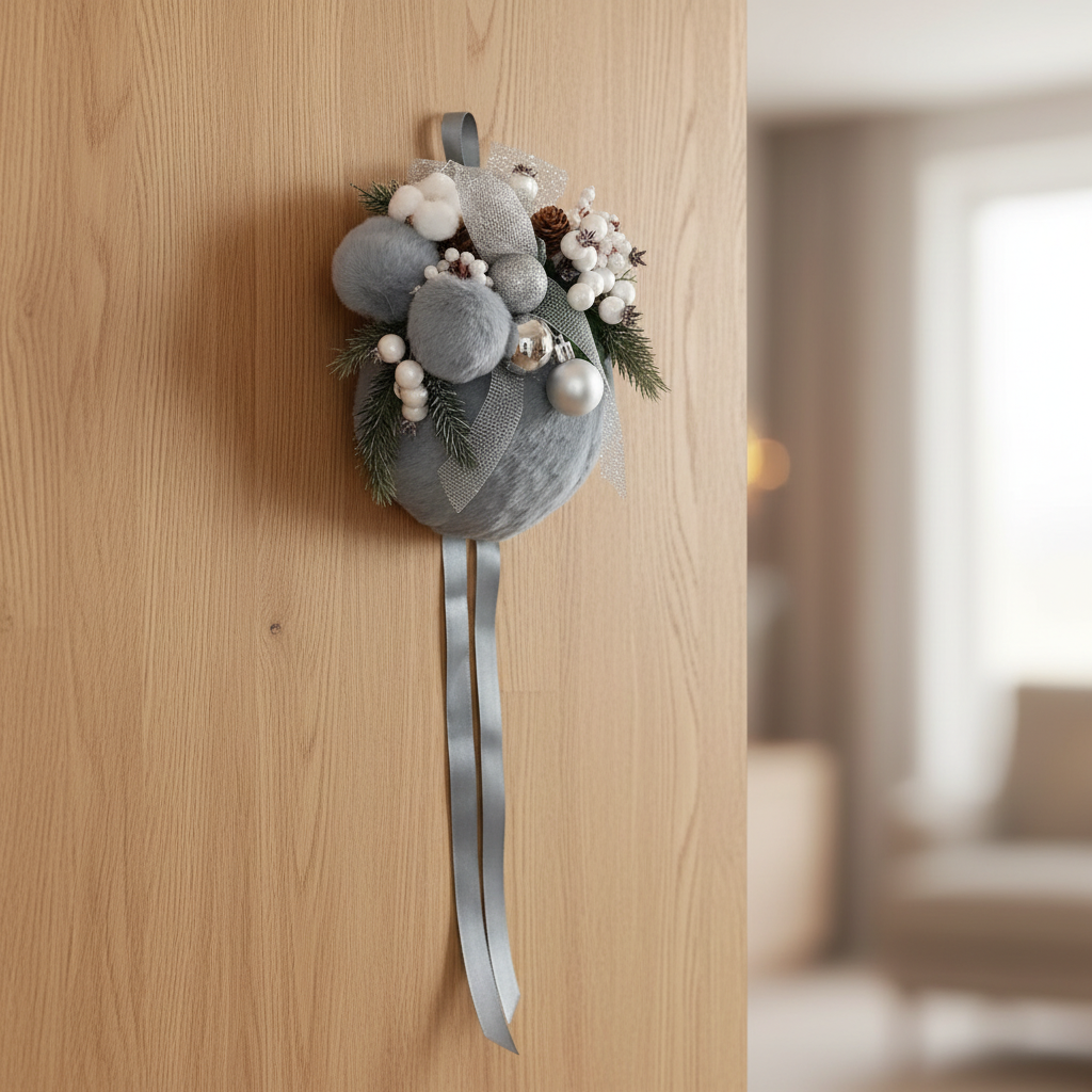 Decorazione piatta appesa a portone di legno chiaro