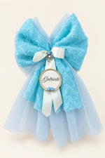 Fiocco nascita azzurro Gabriele con sfondo da studio