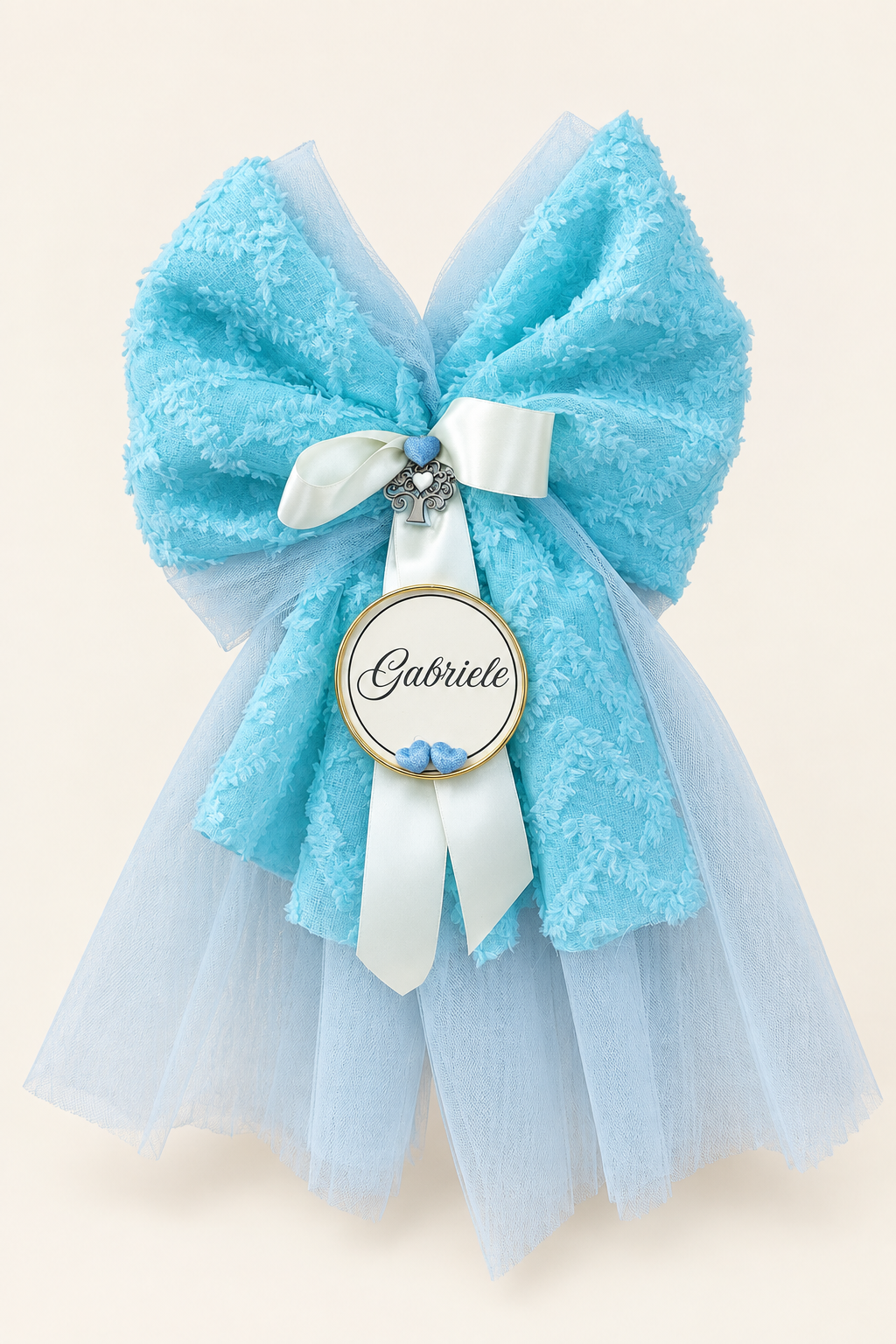 Fiocco nascita azzurro Gabriele con sfondo da studio