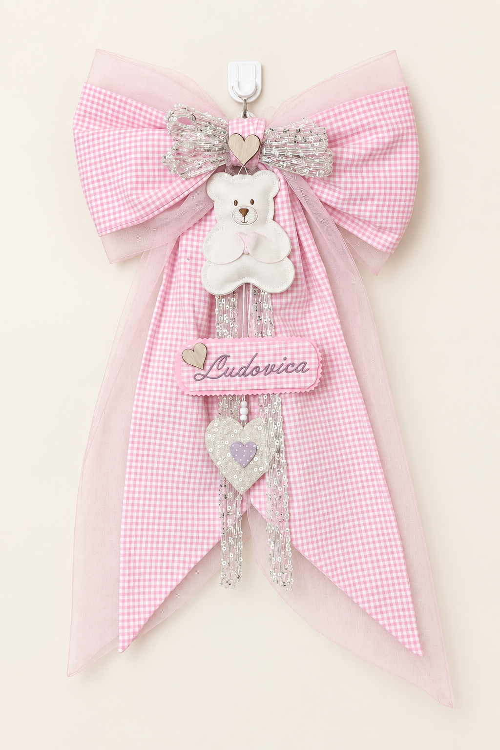 Fiocco nascita con tulle rosa tenue, versione da studio